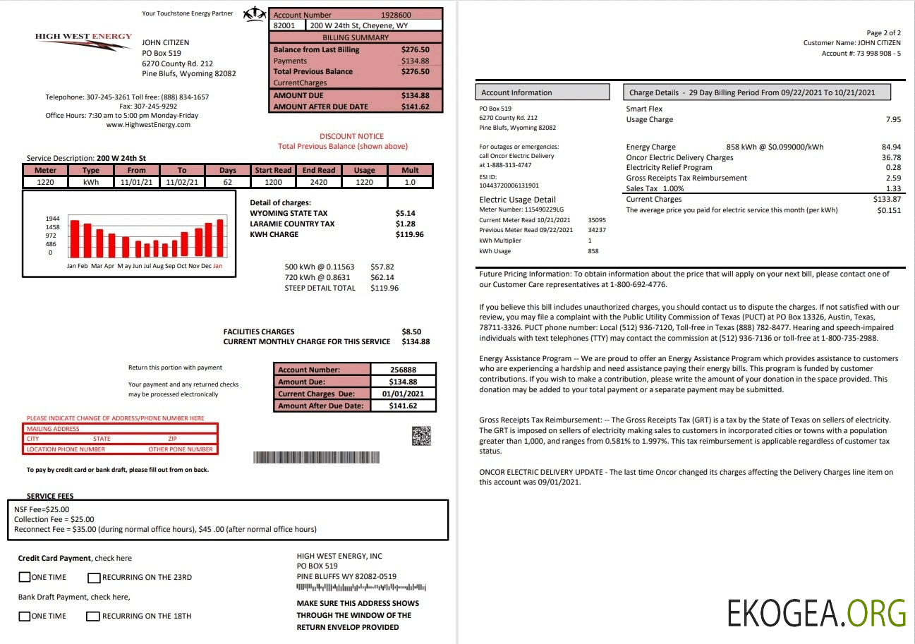 USA Wyoming High West Energy utility bill in Word anf PDF format (2 pages)